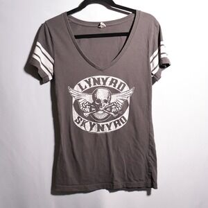 Lynyrd Skynyrd Skull Wings Graphic T Shirt L V Neck Gray Fitted Y2K Striped